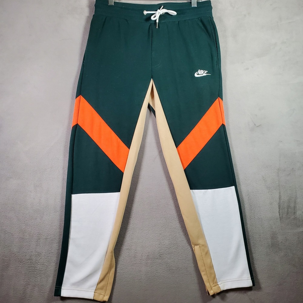 Nike Track Pants Mens L Green Orange‎ Beige Color Block Ankle Zip Fleece Active